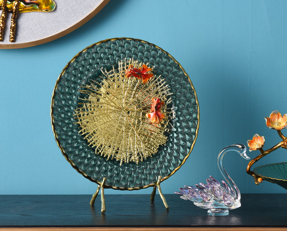 Assiette d'appréciation de poisson rouge, feuille de Lotus vert Jade, nouvel artisanat créatif en émail de style chinois