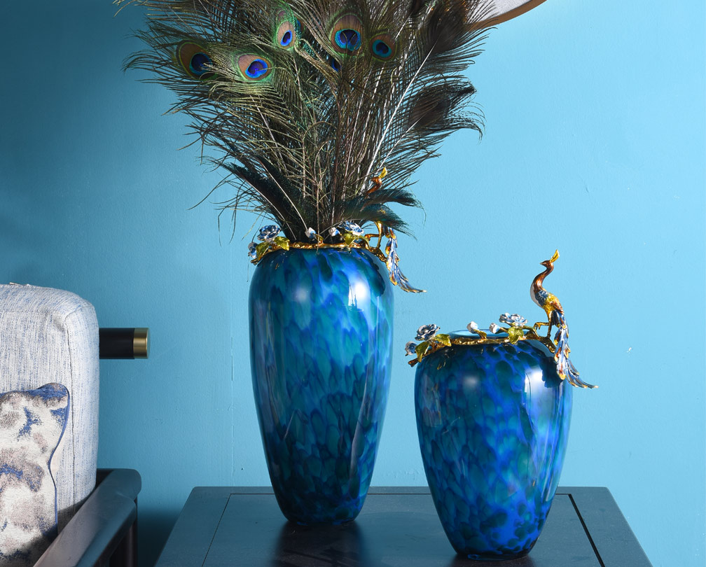 Vase en verre émaillé paon, vase à fleurs de luxe pour salon